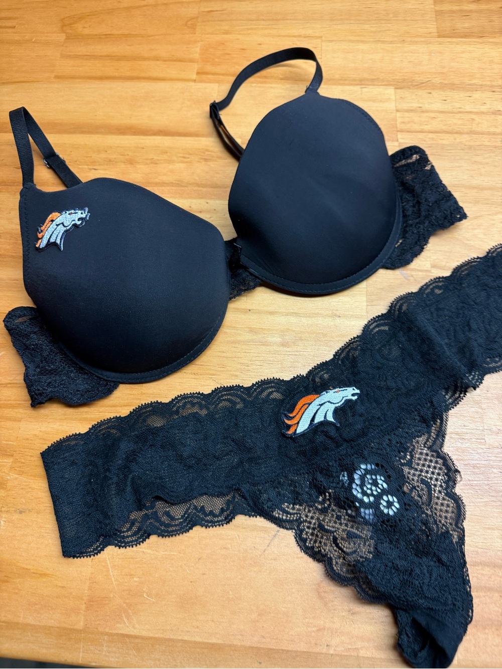 Black Lace Bra & Thong Set with Denver Horse Patch - Women Intimates